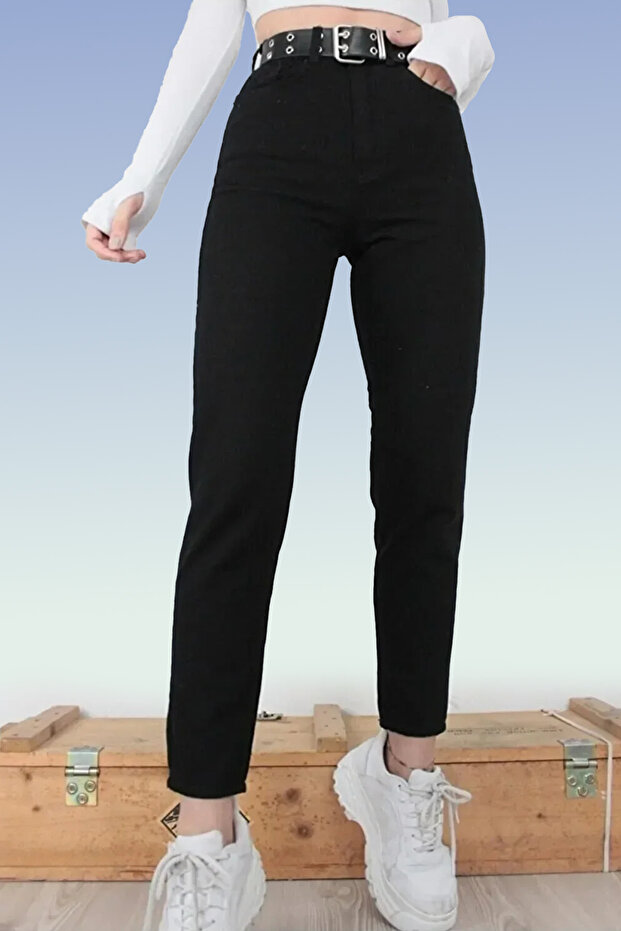 A10669855 Colorfast Black Denim Trousers Stretch Fabric High Waist Black Mom Jeans Extra Comfortable Black