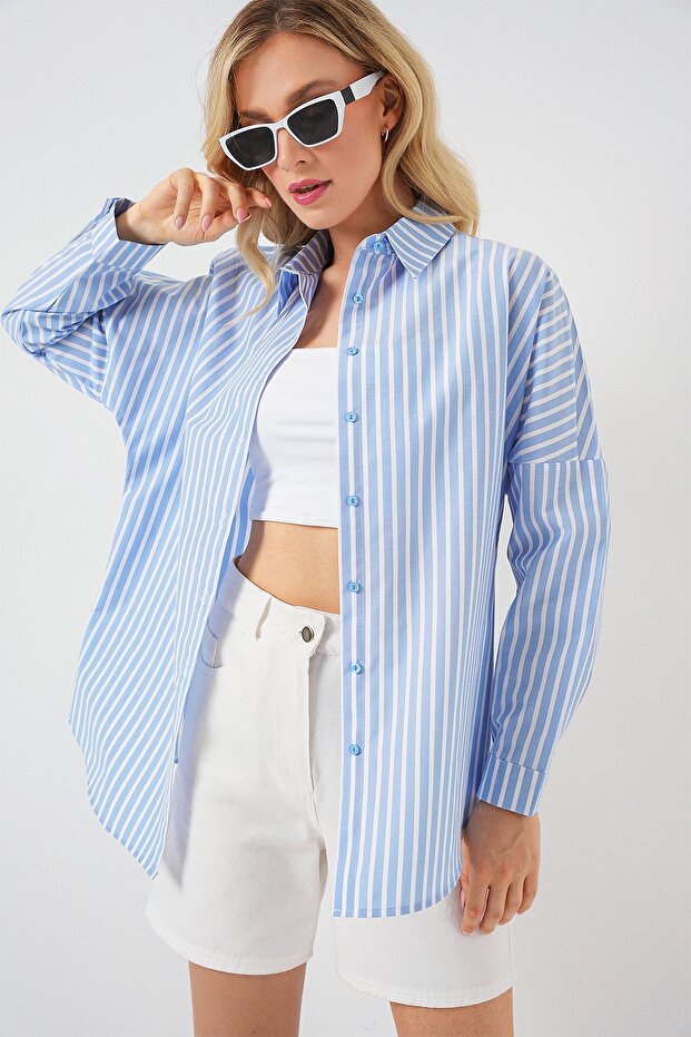 BDART Astarlı Oversize Çizgili Poplin Gömlek - 4