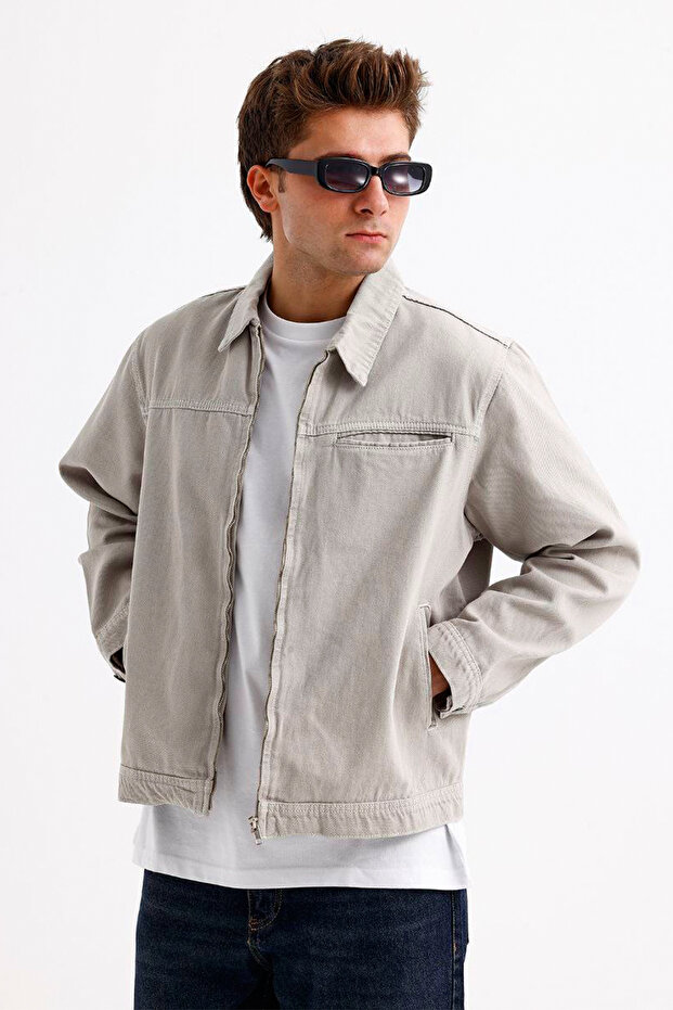 Men's Beige Oversize Zippered Denim Jacket