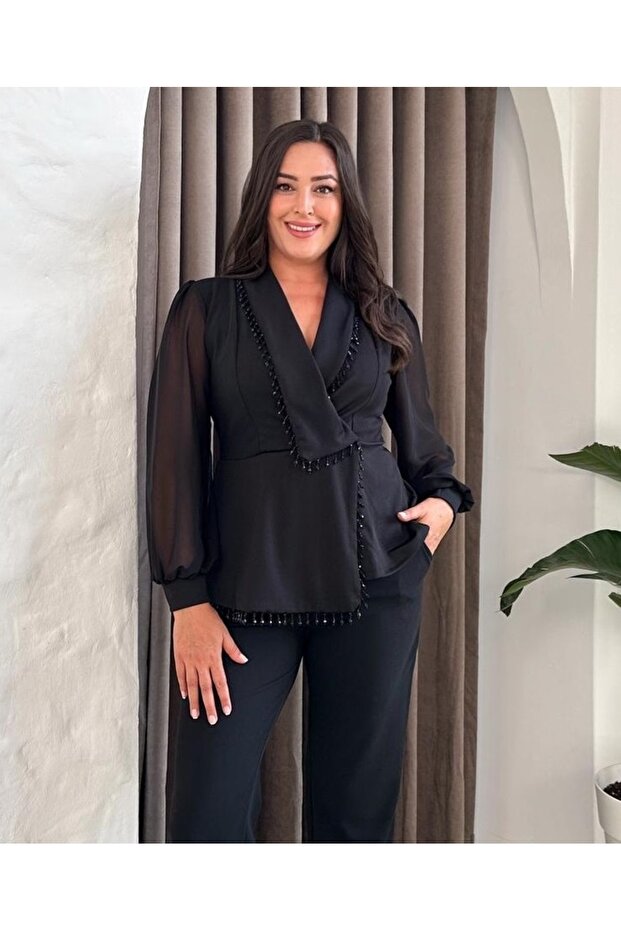 Women's Plus Size Double Breasted Collar Chiffon Sleeve Stone Detailed Jacket Front Piece Blouse 25008 Black