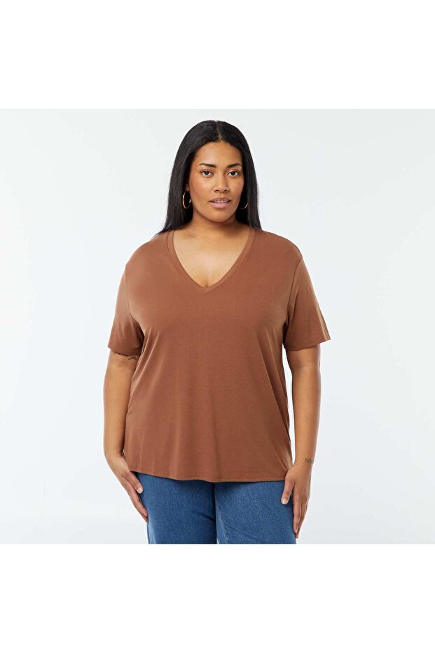 Basic plain V-neck T-shirt BROWN - 3
