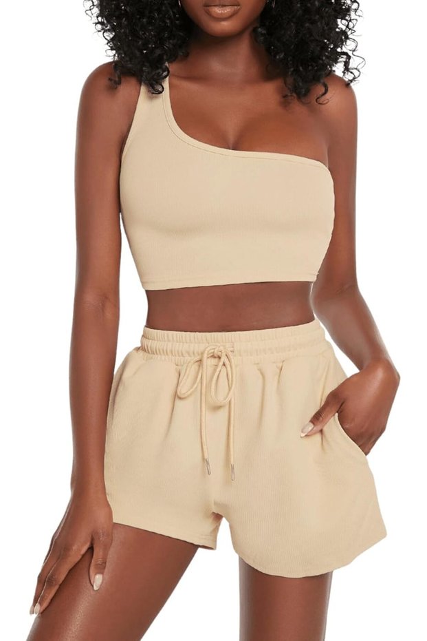 Women's One Shoulder Tank Top and Lounge Shorts 2 Piece Tracksuit Set-SMALL