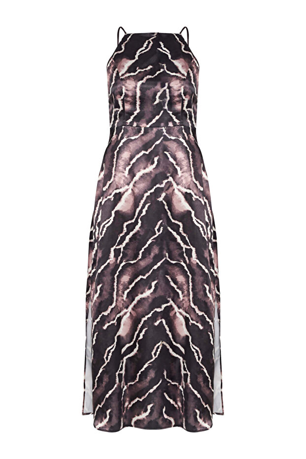 Brown Halter Neck Satin Midi Dress