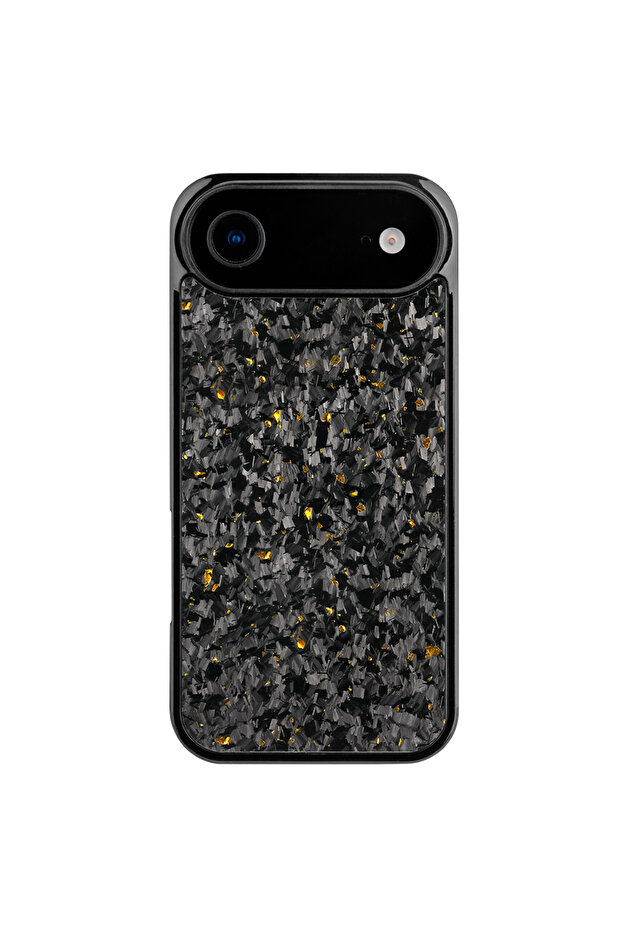 Shockproof iPhone 17 Air Case – Black Crystal Carbon Fiber with Gold Highlights, Slim Cover