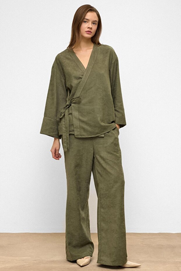 Tie-Front Suede Look Kimono Double Set Khaki 9366-Tk