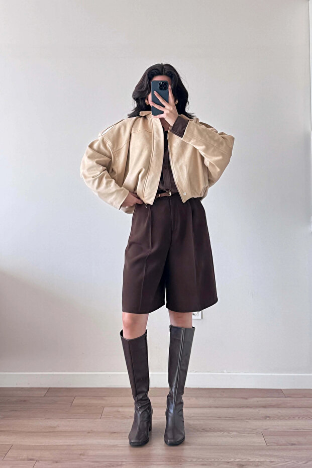 Kadın Kahve Oversize Şort 1017-4142 - 4