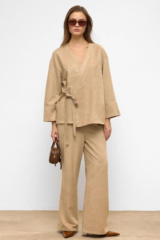 Tie-Front Suede Look Kimono Double Set Stone 9366-Tk