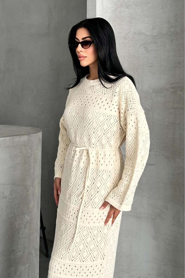 Baklava Desen Astarlı Triko Elbise Ekru - 27712 - 5