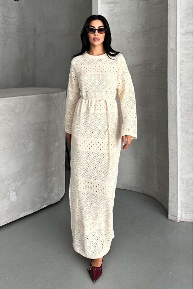 Baklava Desen Astarlı Triko Elbise Ekru - 27712 - 4