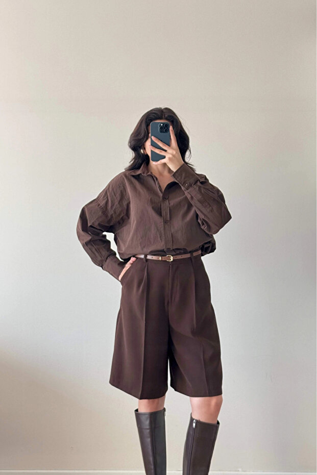 Kadın Kahve Oversize Şort 1017-4142 - 2