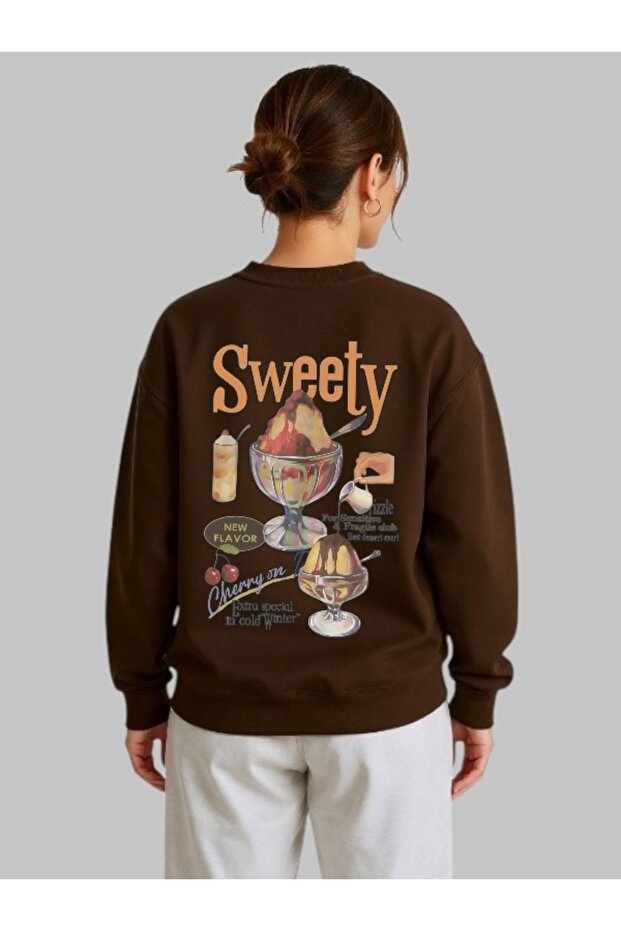 Unisex Long Sleeve Sweety Ice Cream Back Transfer Printed Crew Neck Sweatshirt