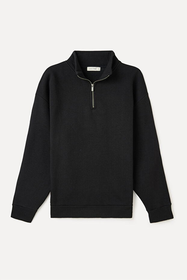 FERMUARLI DİK YAKA OVERSIZE SWEATSHIRT - 1
