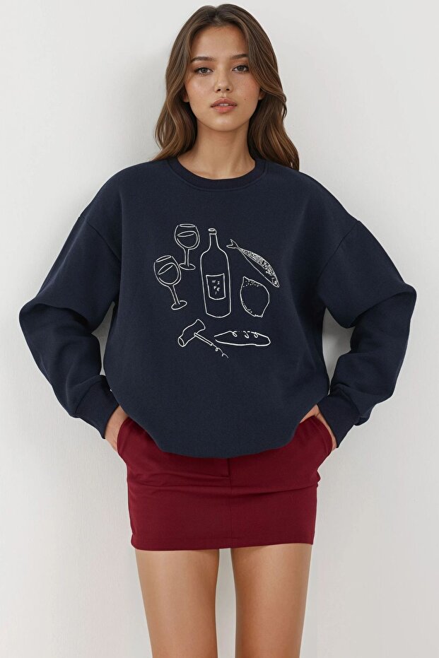 Baskılı Yuvarlak Yaka Sweatshirt - 1
