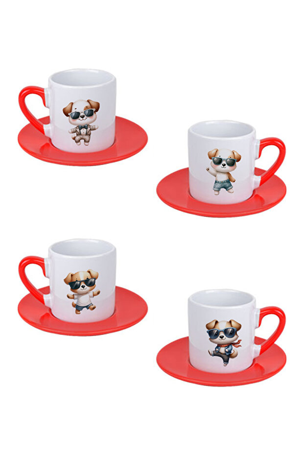 Cute Dogs2 Printed Colorful Porcelain Turkish Coffee Cup Set of 4 with Handles