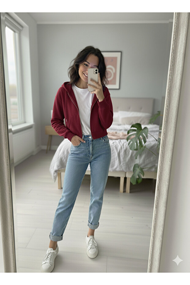 Crop Hooded and Zippered Women's 3-Thread Sweatshirt