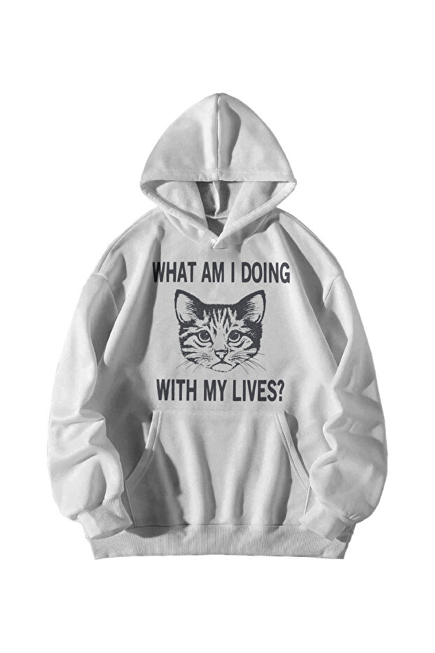 Unisex White What Am I Doing with My Lives Printed Oversize Kangaroo Pocket Hooded Sweatshirt