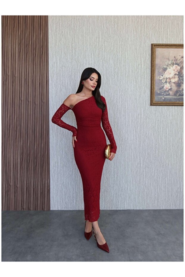 Tek Omuz Dantelli Elbise - 4