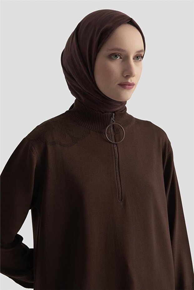 Çiçek Desenli Triko Tunik 25KTD4111 Acı Kahve - 1