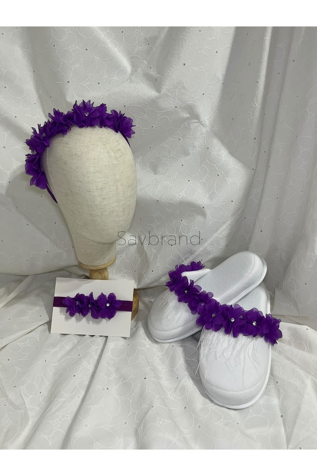 3-Piece Maternity Set - Laser Floral Slippers with Stones and Feathers + Crown + Bandana