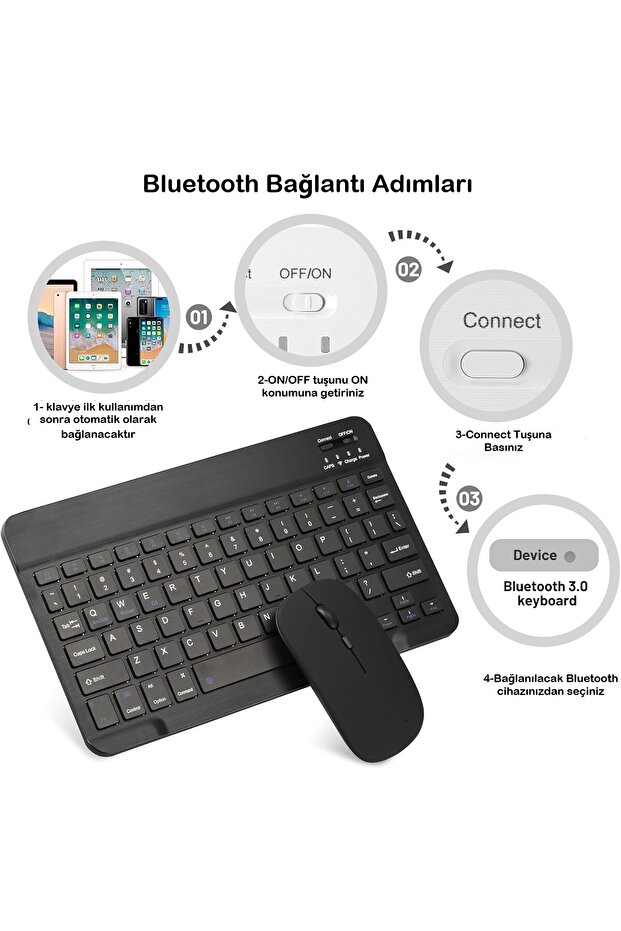 Kablosuz Bluetooth Türkçe Q Klavye ve Mouse Seti Ios/AndroidTablet Telefon Uyumlu Şarjlı - 8