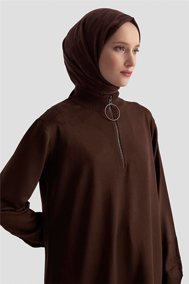 Çiçek Desenli Triko Tunik 25KTD4111 Acı Kahve - 4