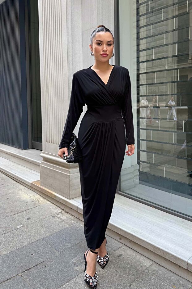 V Yaka Drapeli Elbise - 1