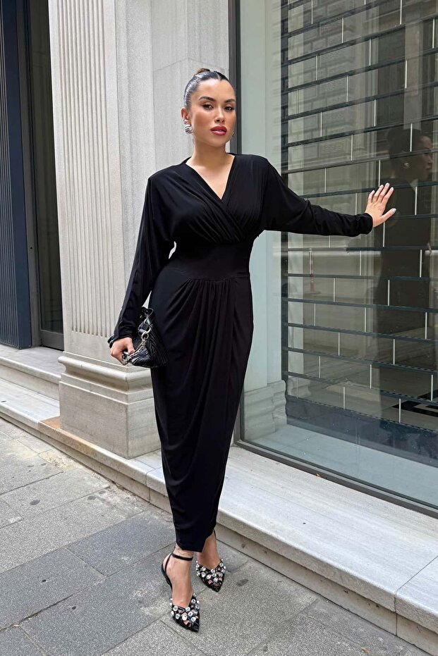 V Yaka Drapeli Elbise - 3