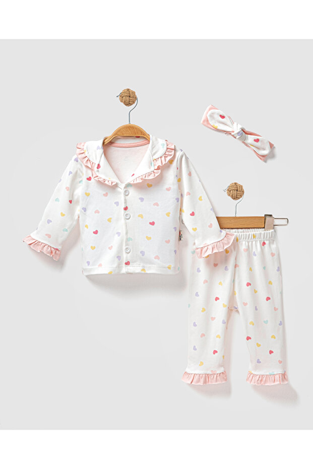 Heart Patterned Ruffled 3-Piece Baby Girl Pajama Set (6-24 Months)