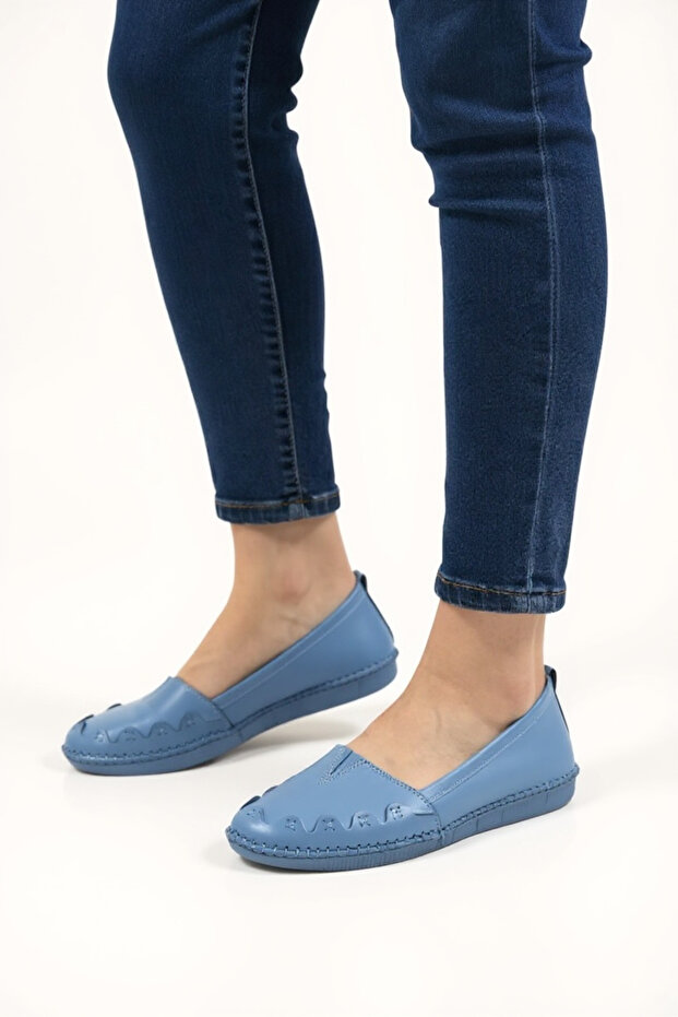 Women's Blue Color Genuine Leather Orthopedic Ballet Flats