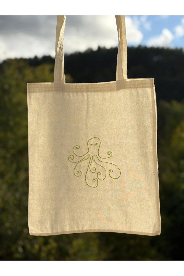 Octopus Hand Embroidered Raw Linen Bag