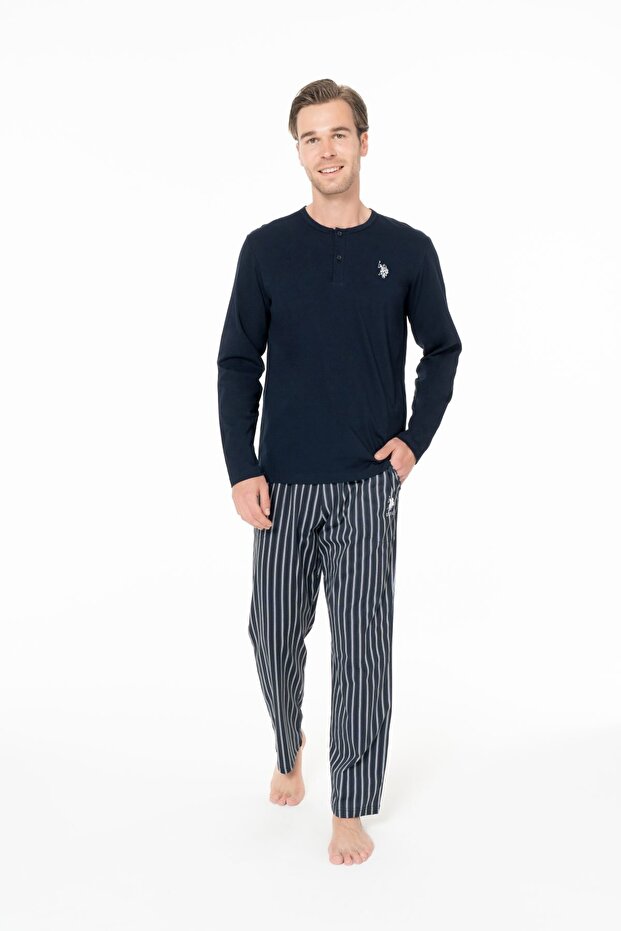 18994 Men's Navy Blue Round Neck Long Sleeve Pajama Set