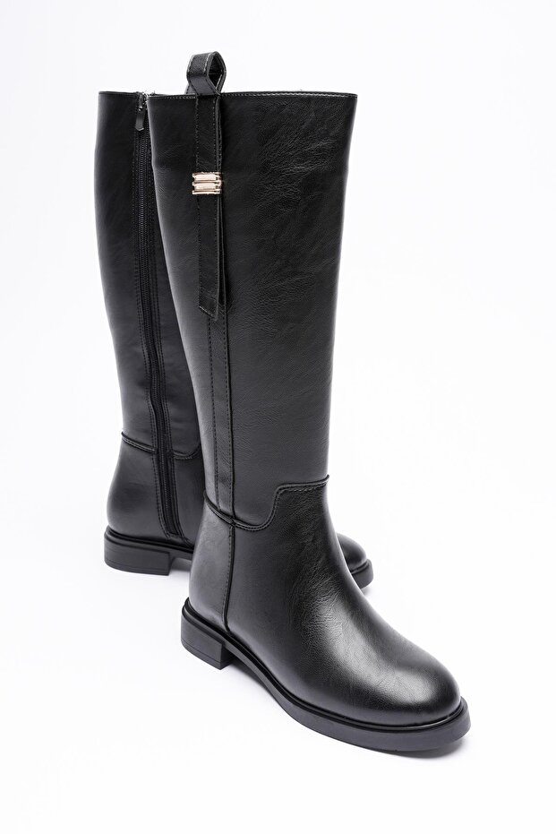 Women's Leather Boots with Zipper and Gold Accessories Black Ferina
