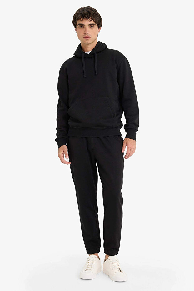 E6326 Siyah Regular Fit Beli Bağcıklı Cepli Paçası Lastikli Şardonlu Basic Düz Jogger Eşofma - 4