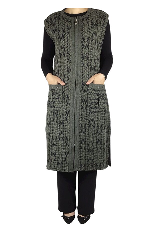 Thick Winter Vest with Front Zipper and Patterned Pockets - 3