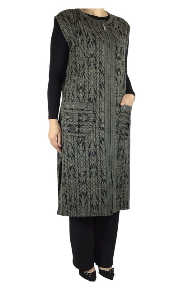 Thick Winter Vest with Front Zipper and Patterned Pockets - 2