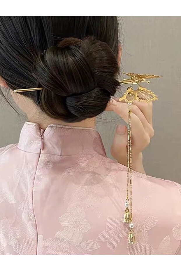 Gold Color Butterfly Dangle Bun Hair Clip