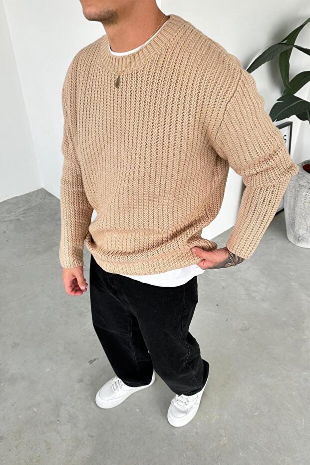 Taba Örme Desen Relaxed Triko Kazak - 3