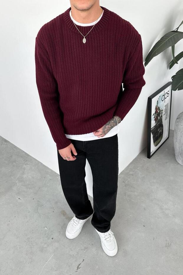 Bordo Örme Desen Relaxed Triko Kazak - 1