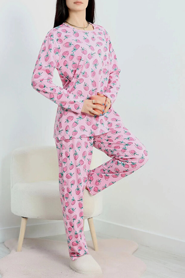 Çilek Desenli Pembe Pijama Takımı - 4