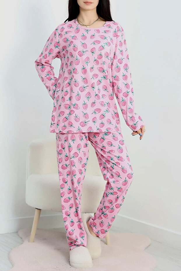 Çilek Desenli Pembe Pijama Takımı - 2