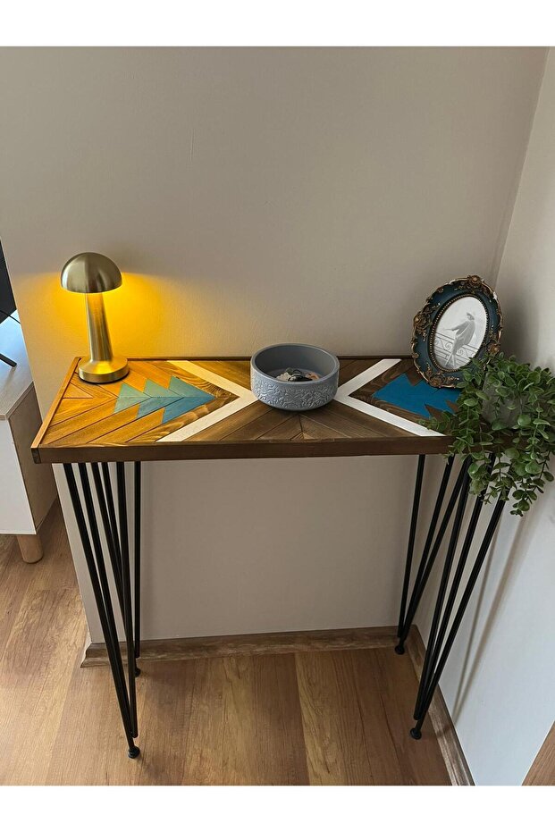 Demir Ayaklı Dekoratif Ahşap Dresuar Konsol Raf - 3