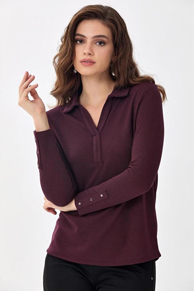 Gömlek Yaka Önü Patlı Uzun Kol Bluz 256-1004 - 4