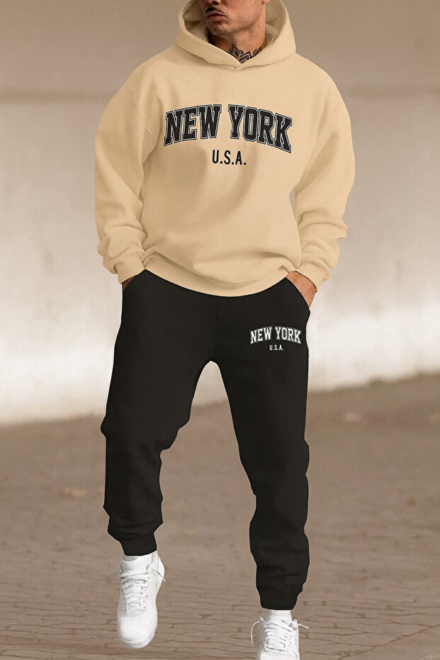 New York U.S.A. Printed Men's Tracksuit Set Hooded Sweatshirt and Jogger Pants