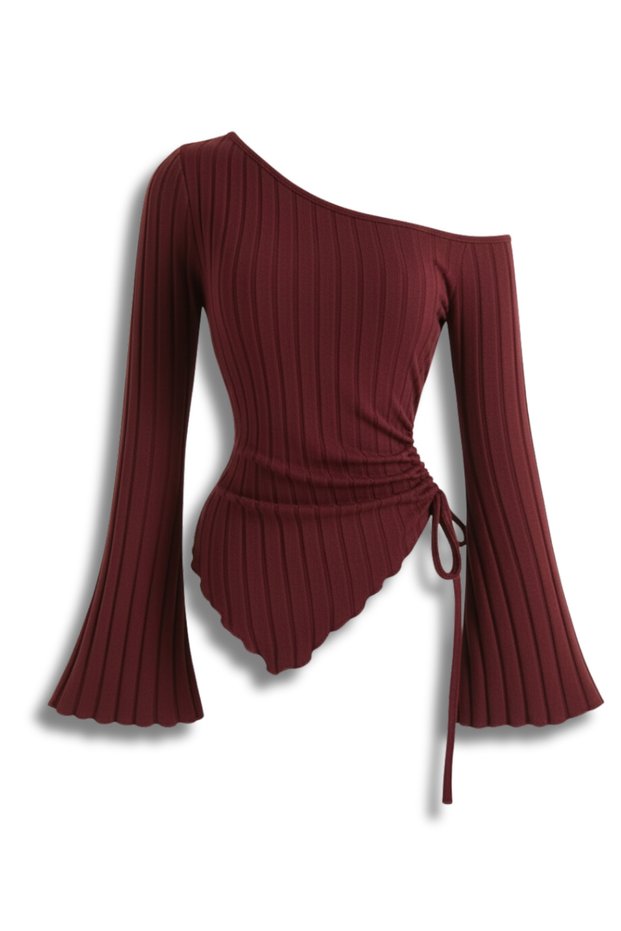 Women's Burgundy Long Sleeve Asymmetrical Neck Side Tie Ribbed Blouse