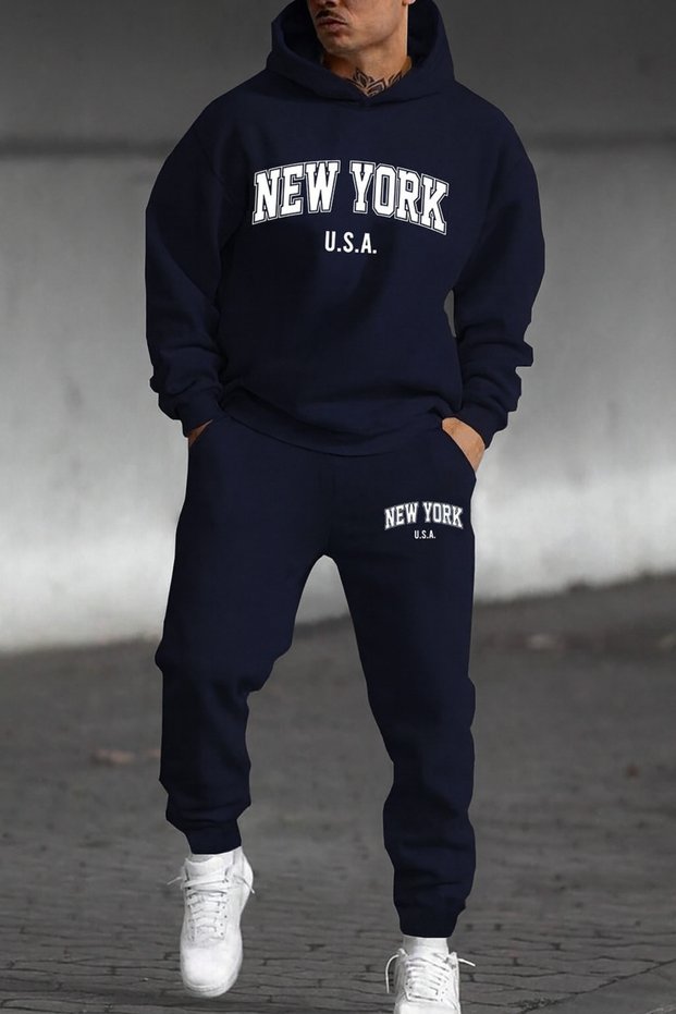 New York U.S.A. Printed Men's Tracksuit Set Hooded Sweatshirt and Jogger Pants