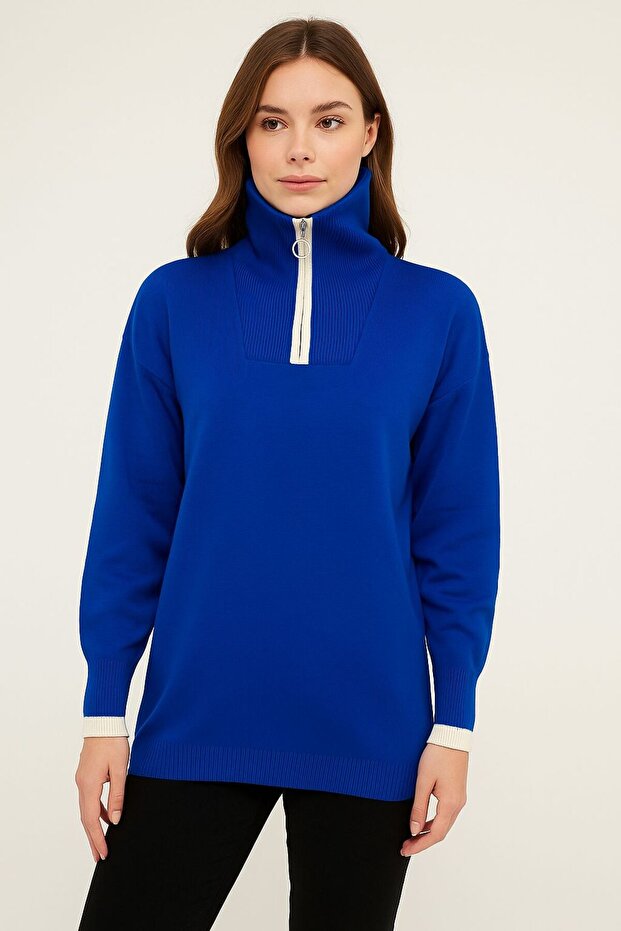 Cobalt Blue Knitwear Women's Zippered Top - Stylish Basic Easy to Match