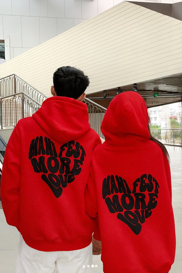 Unisex Hooded Sweatshirt 3 Thread Relaxed Fit Kangaroo Pocket Manifest More Love Heart Printed