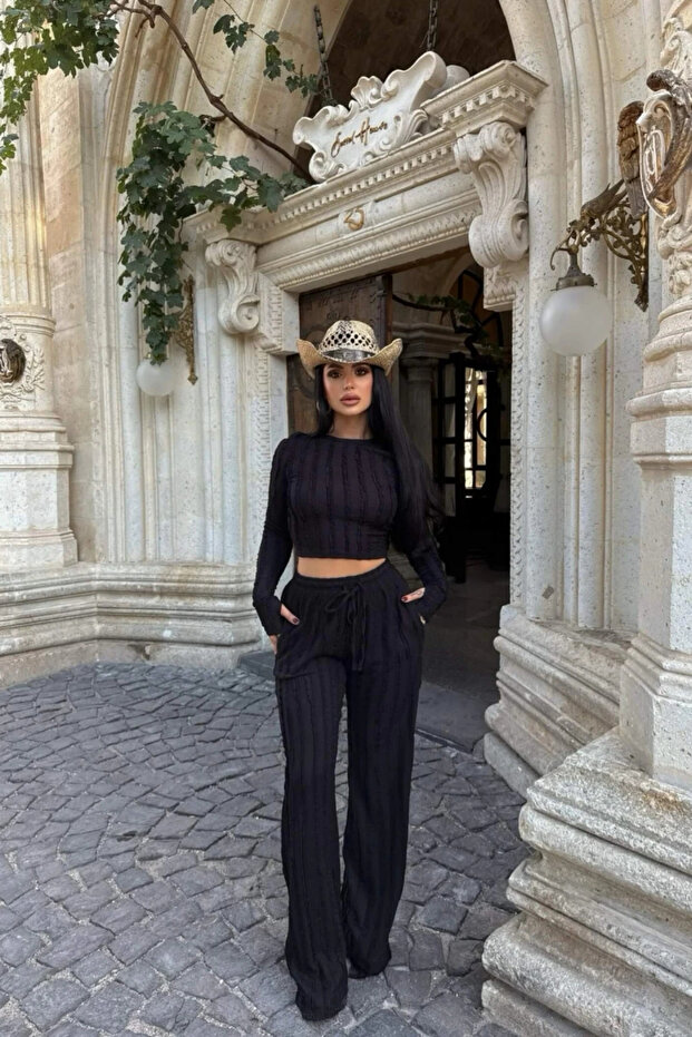 Women's Black Tie-Front Blouse Wide-Leg Pants Set with Reverse Stitch Detail