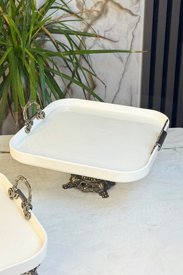 Antique Square Footed Porcelain Presentation Plate & Handled Food Cookie Pastry Serving