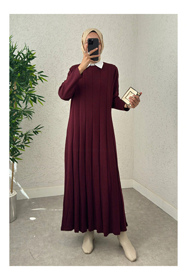 Piliseli Şeritli Triko Elbise - Bordo - 1